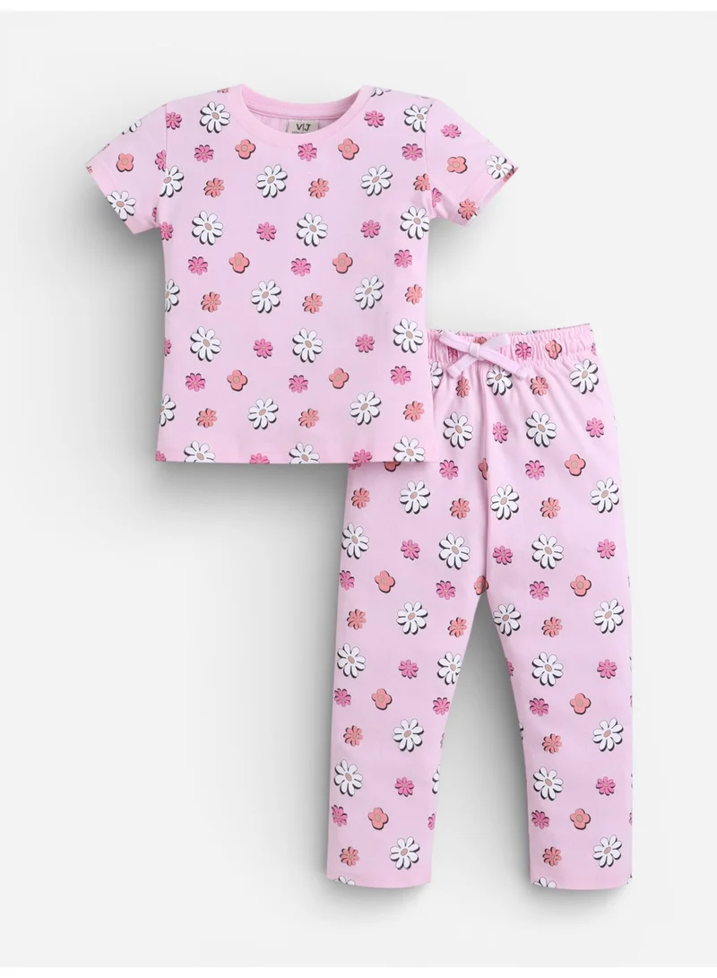 Victor And Jane  Girls Floral Print Cotton Pajama Set – T-Shirt & Full Pants Nightwear for Women | Best Price UAE